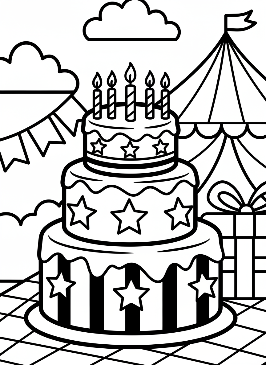 A birthday cake decorated with stars and stripes, candles on top, celebration theme