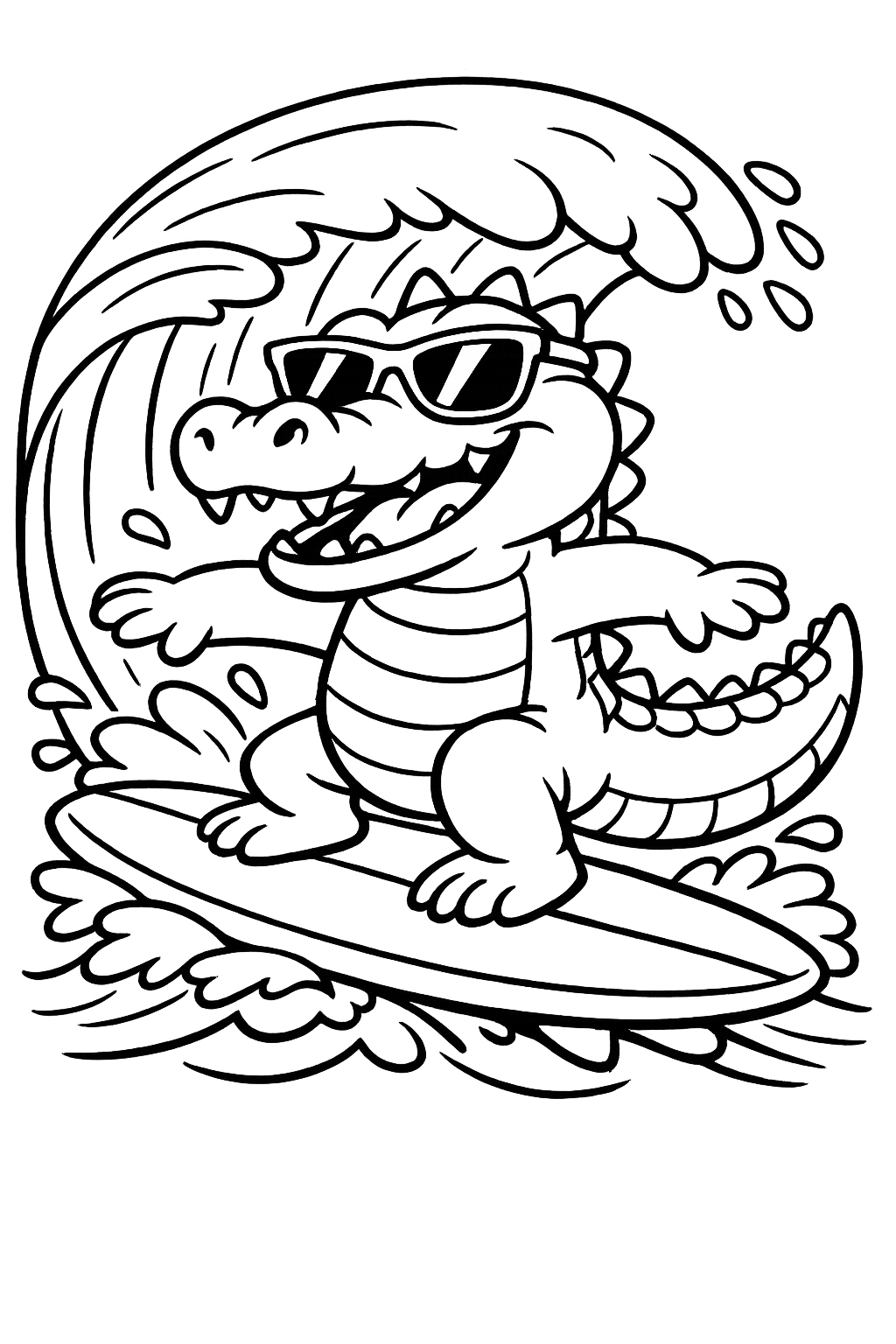 Surfing Croc: A friendly (not scary) crocodile wearing sunglasses and riding a surfboard on a wave.