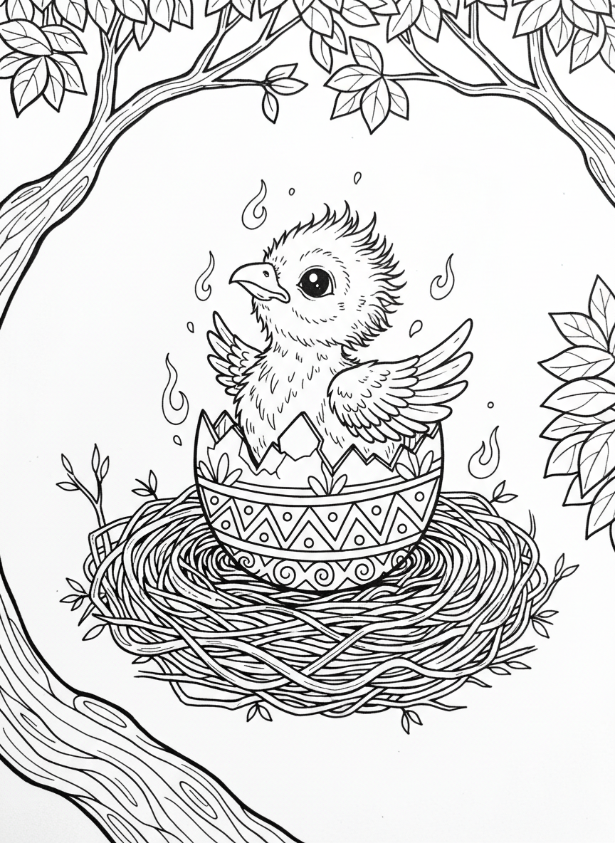 A baby phoenix hatching from a decorative egg, with small flames and feathers around it, sitting on a nest of twigs.
