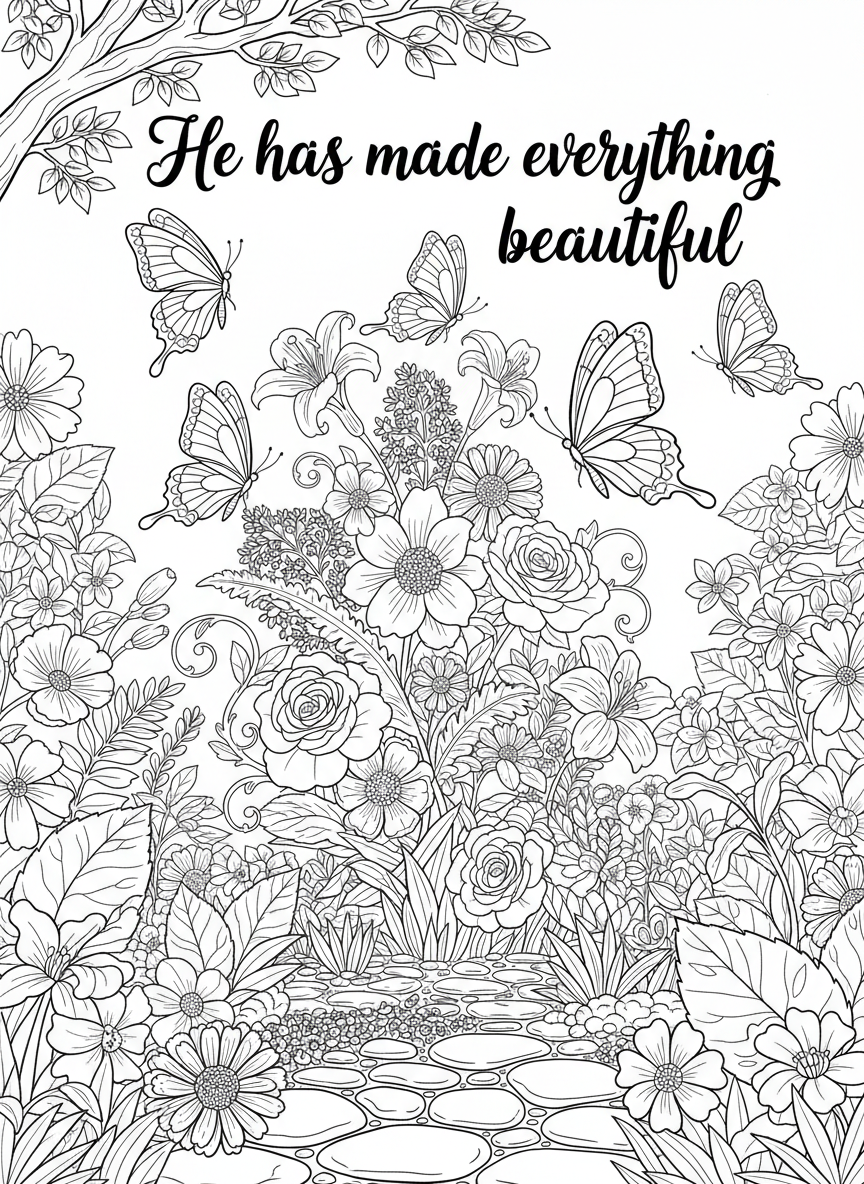 Butterflies emerging from flowers in a garden scene, with 'He has made everything beautiful' written in decorative script.