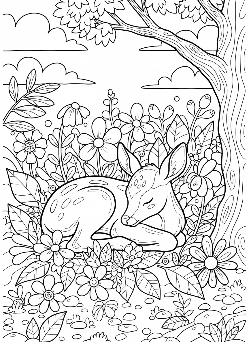 A deer fawn sleeping curled up in a bed of leaves and flowers, gentle composition