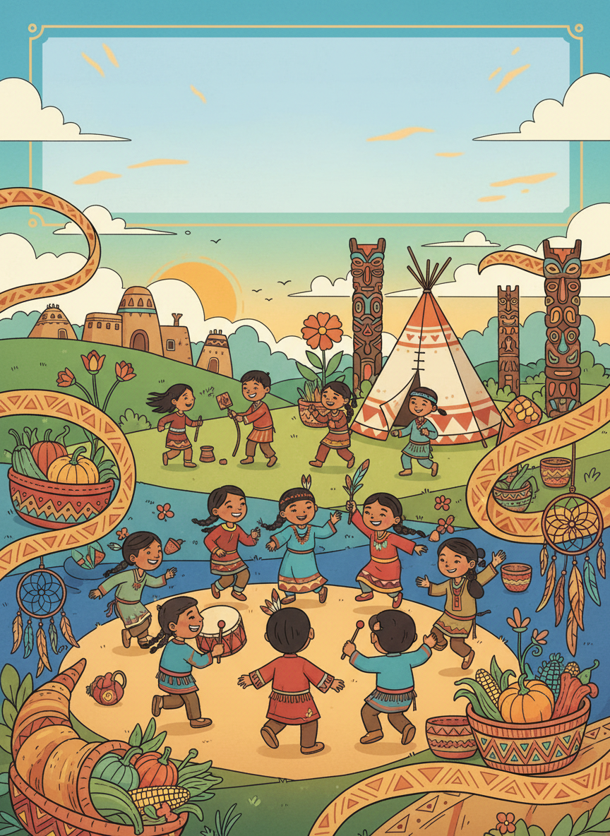 Indigenous Peoples' Day themed coloring book cover, full-color festive illustration with friendly cartoon characters celebrating indigenous peoples' day, decorative indigenous peoples' day elements throughout, joyful palette, title-safe area at top.
