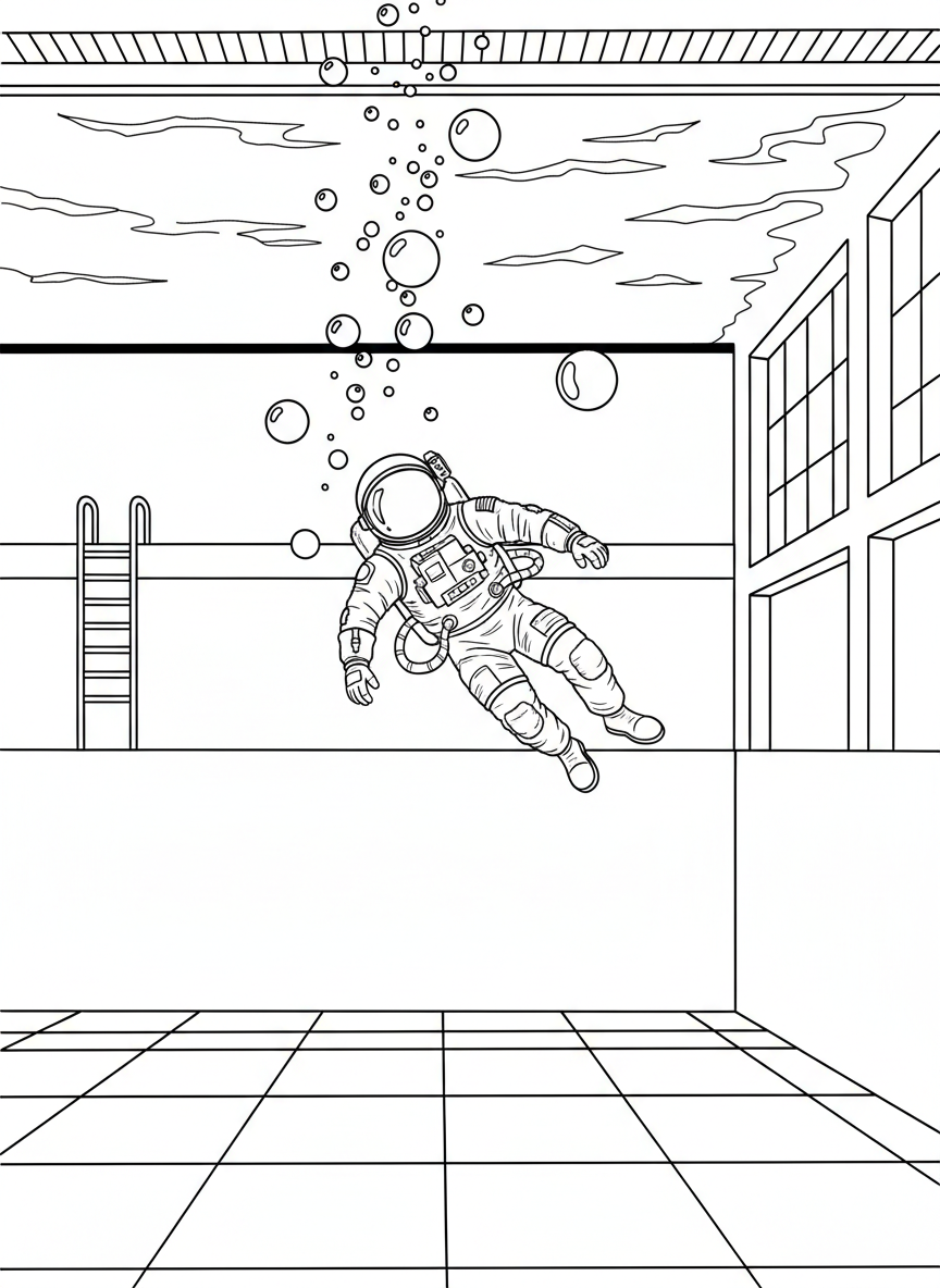 An astronaut training underwater in a large pool, wearing a spacesuit with bubbles rising around them, unique training scene