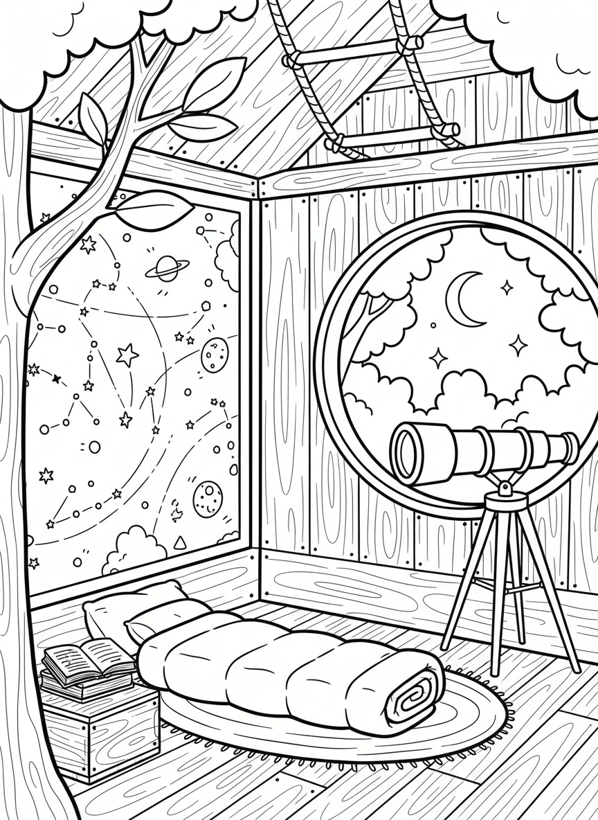 A cozy treehouse interior with star maps on the walls, a telescope by the window, and a sleeping bag on the floor.