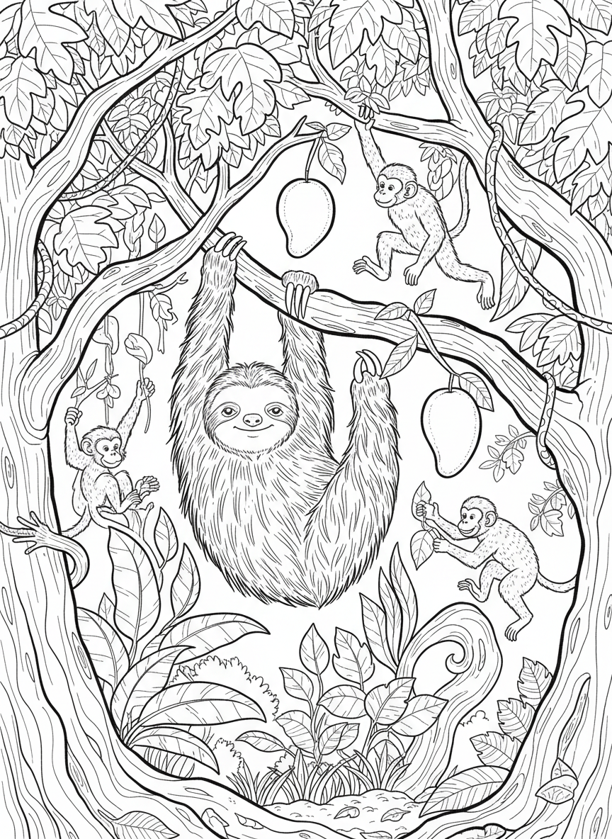 A sloth hanging from one claw while reaching for a mango, with monkeys playing in the trees behind it
