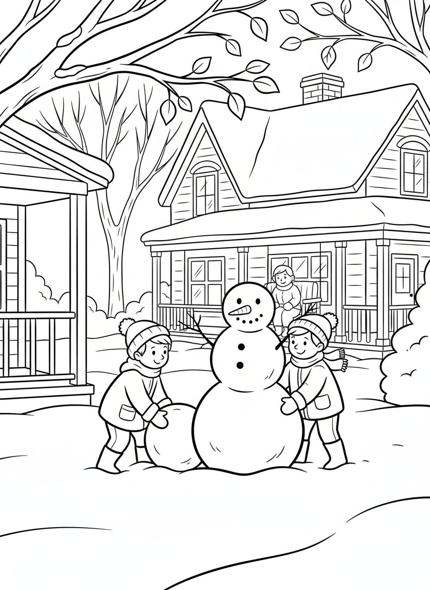 Two children building a snowman together in the front yard while a parent watches from the porch, with winter trees and a cozy house.