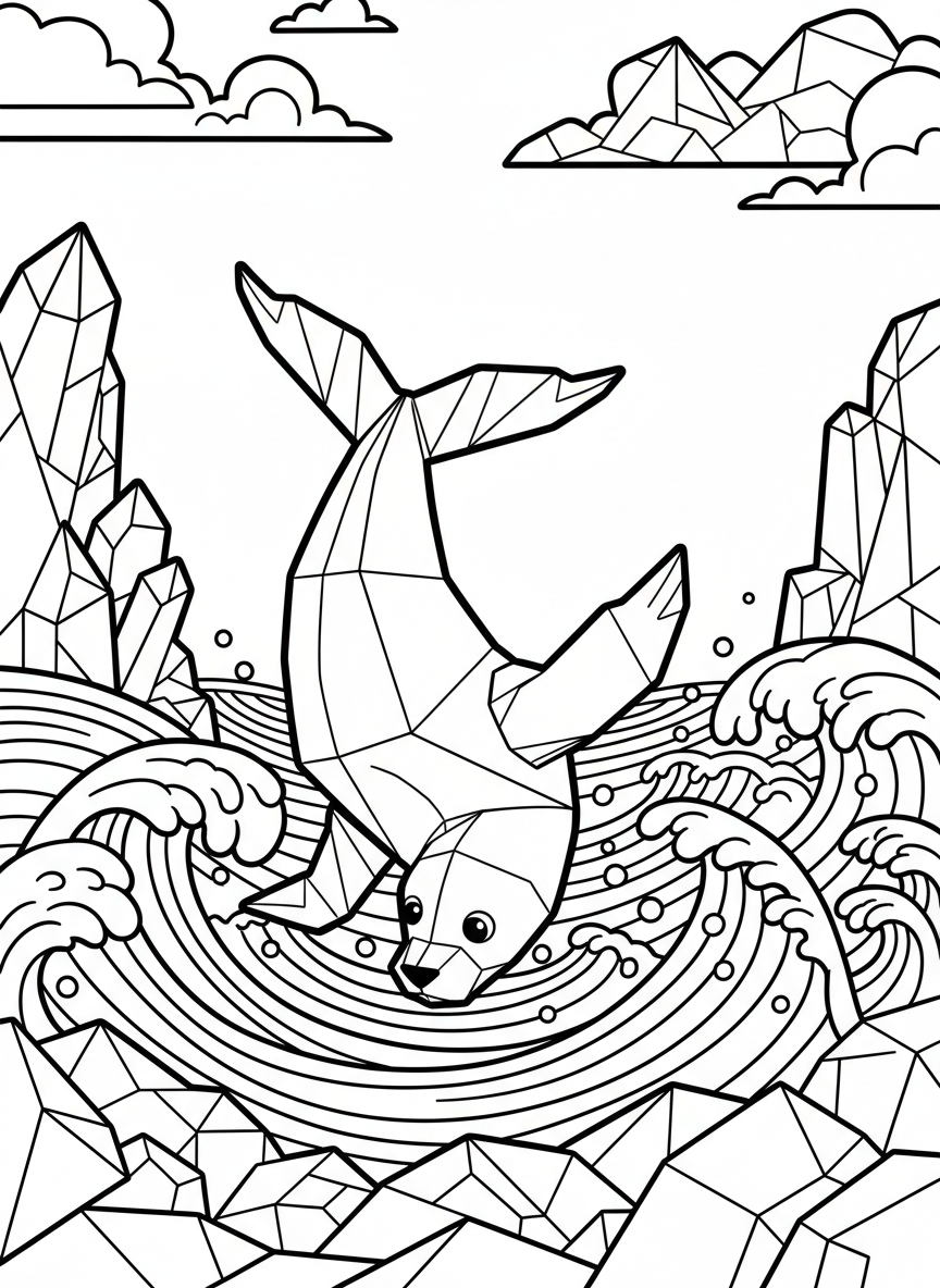 An origami seal doing a headstand trick, flippers up in the air, playful geometric composition with balanced angular shapes