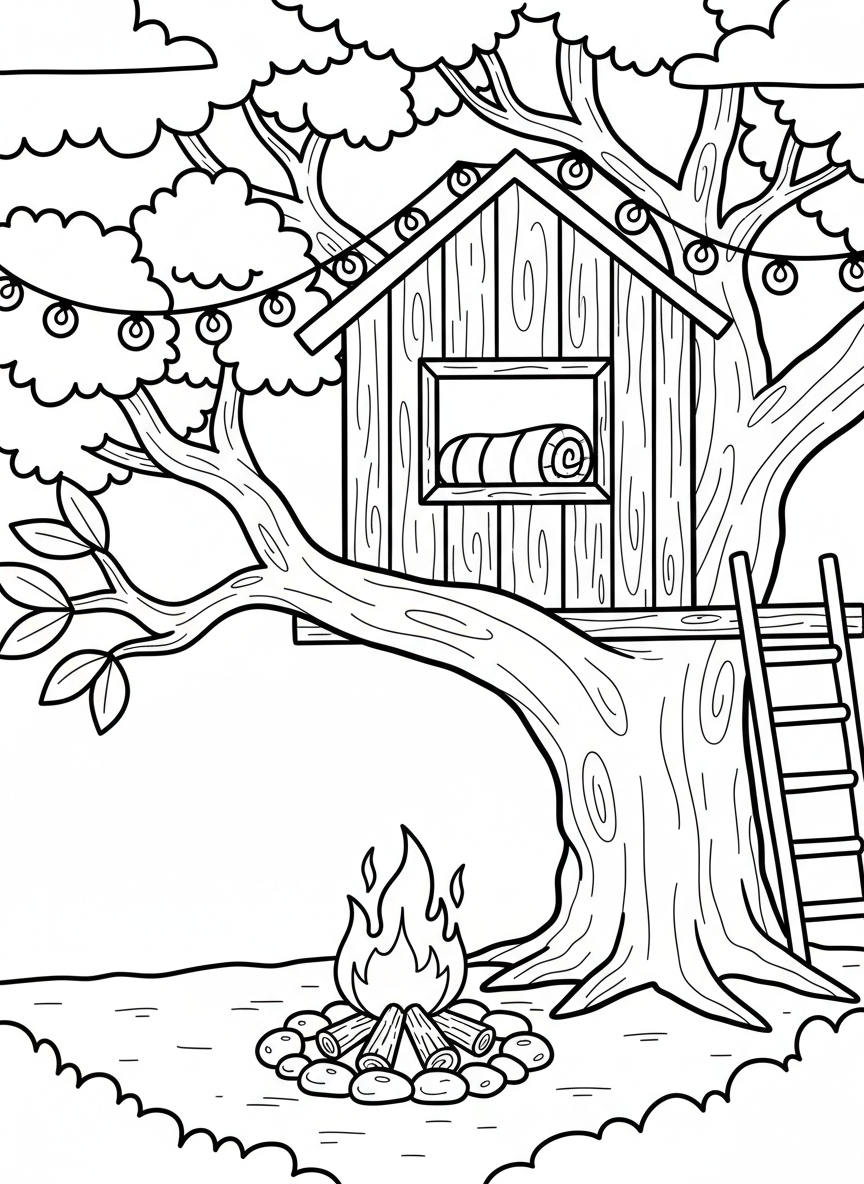 A treehouse campout scene with a sleeping bag visible through the window, string lights, and a campfire below.
