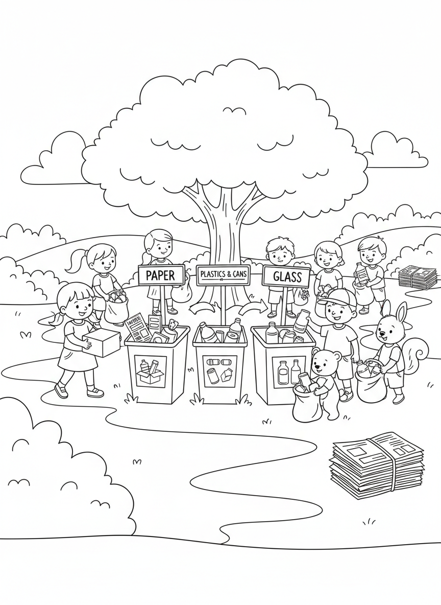 Earth Day coloring page prompts celebrating environmental awareness, nature care, and community action.	A recycling station set up outdoors with signs explaining proper sorting methods.