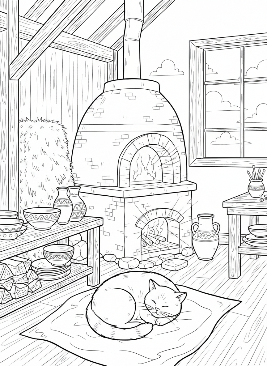 A cat napping on a cozy blanket next to a pottery kiln with finished pieces nearby, warm barn atmosphere