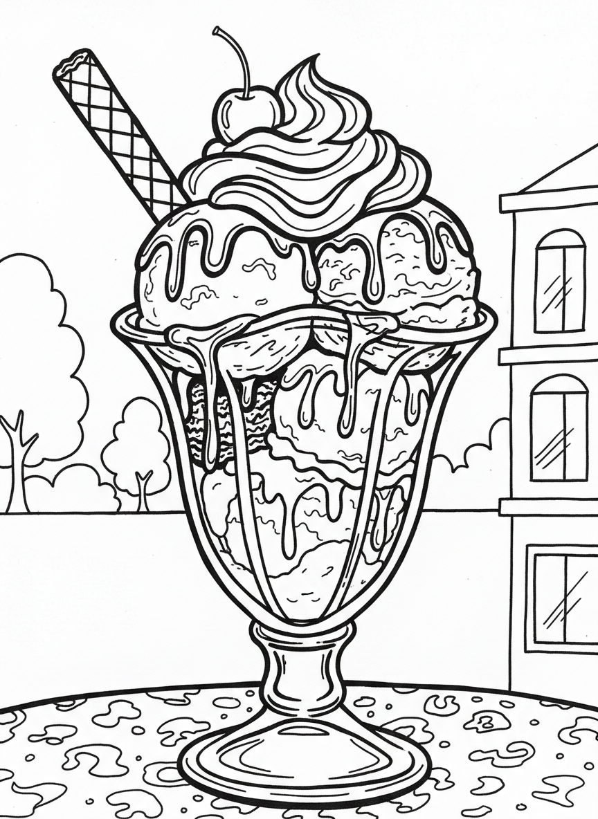An ice cream sundae in a tall glass with multiple scoops, whipped cream, chocolate sauce, and a waffle stick.