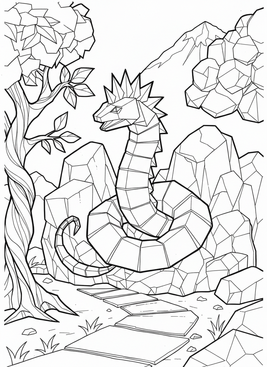 A simple origami basilisk with crown-like paper folds on its head and coiled serpent body, coloring page