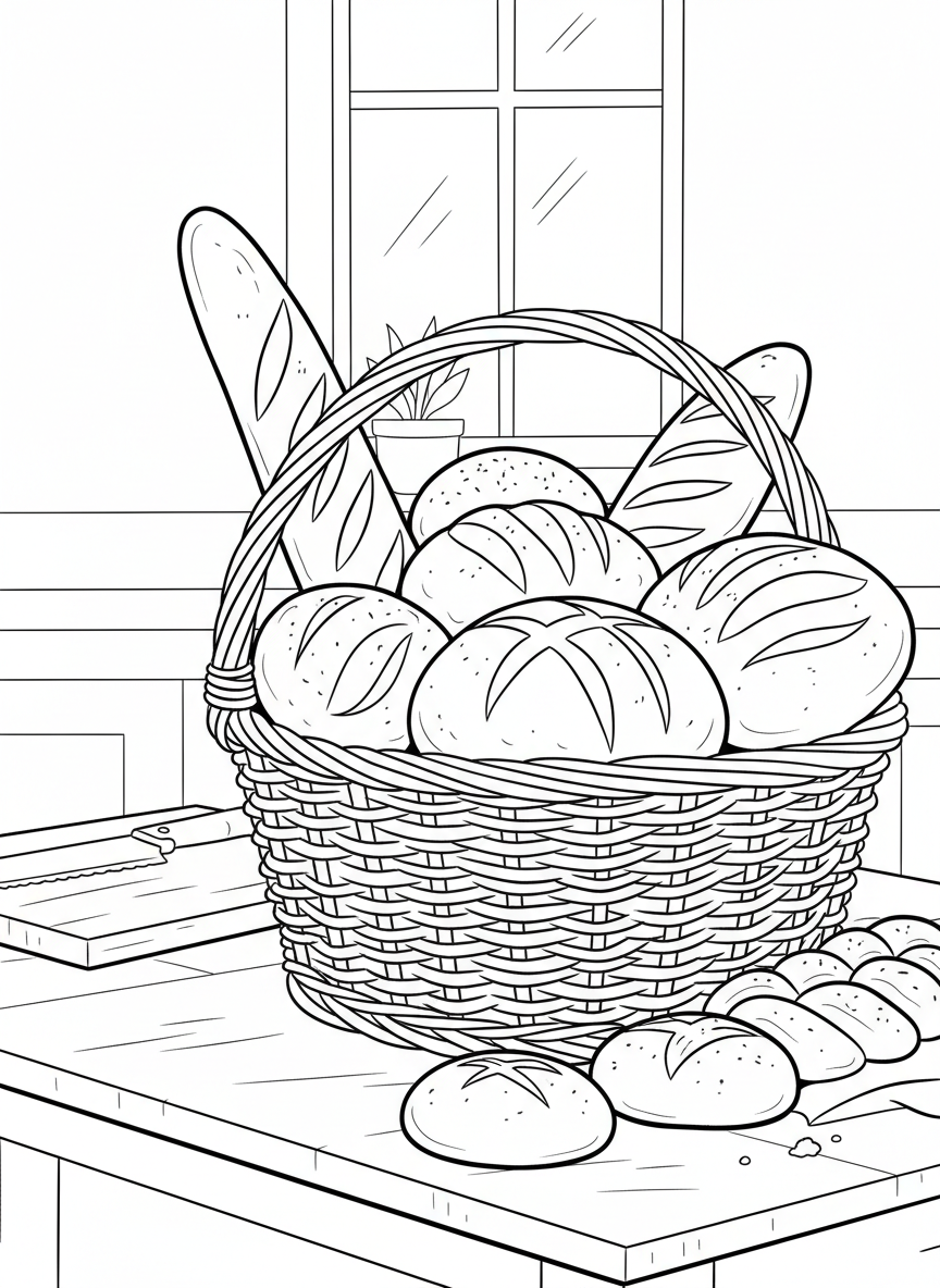 A basket overflowing with different types of bread including baguettes, round loaves, and rolls