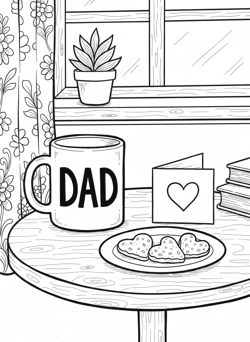 A coffee mug with 'DAD' written on it, sitting next to a plate of cookies and a handmade card with a heart