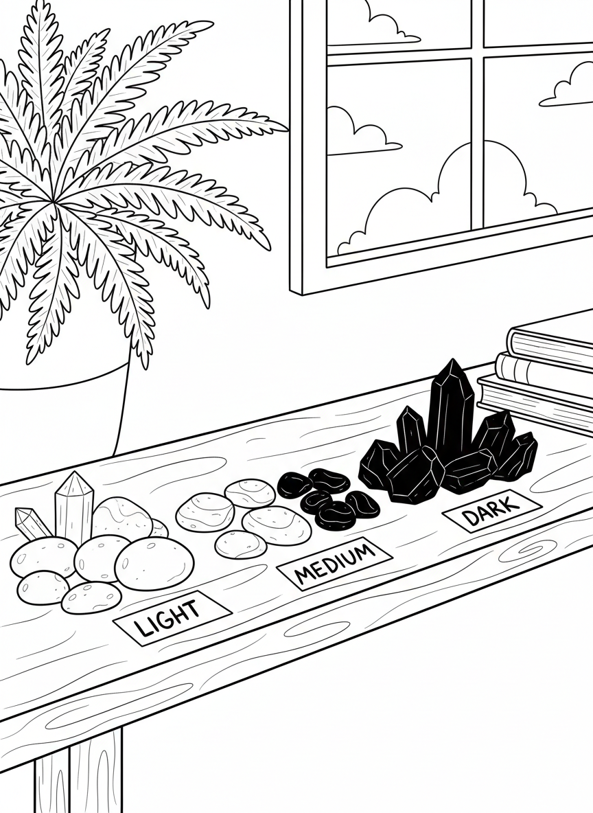 A nature table display with rocks arranged by color from light to dark, each with a handwritten label card.