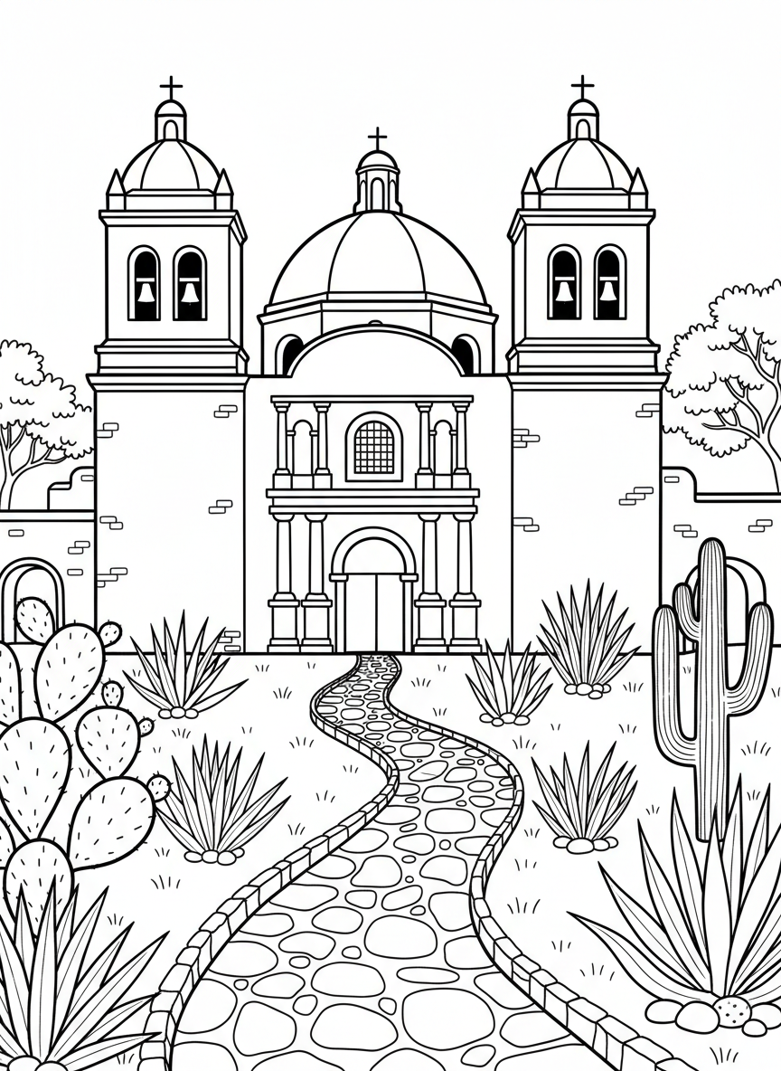 Mission Concepcion with its twin bell towers and domed roof, surrounded by native Texas plants and a stone pathway, historical landmark drawing.