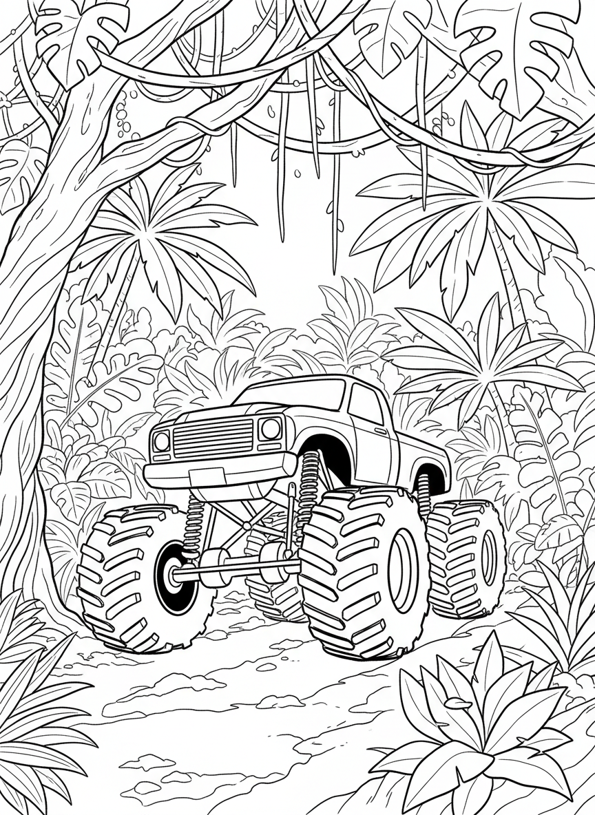 An off-road adventure scene with a monster truck driving through a dense jungle trail, vines and tropical plants around.