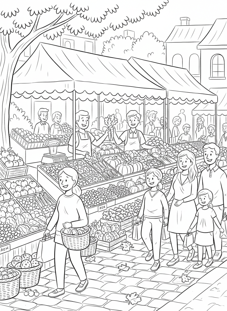 A farmer's market scene with fruit and vegetable stands, happy vendors, and shopping families, busy community setting