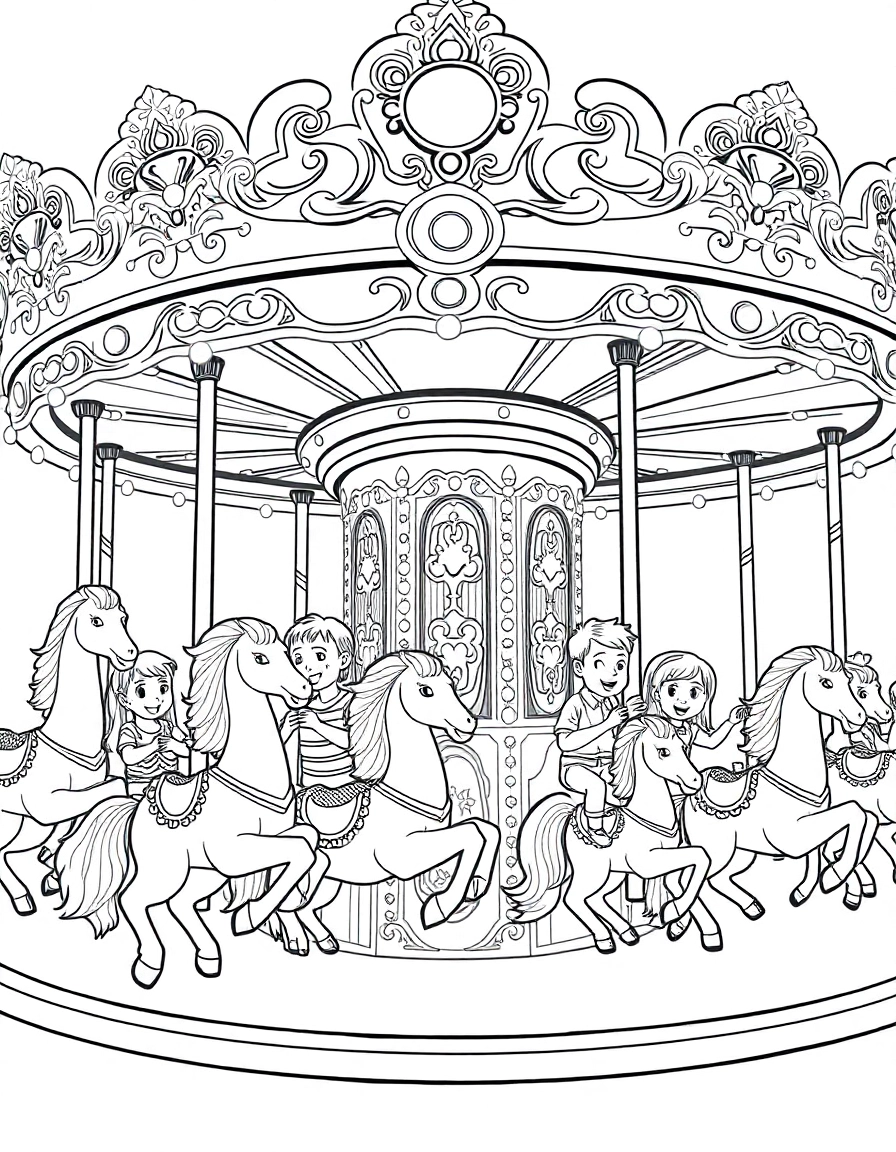 A grand and brightly lit carousel in full motion, featuring beautifully decorated horses, swans, and other whimsical animals. Children with happy expressions ride the animals, and cheerful lights twinkle around the carousel's ornate canopy.