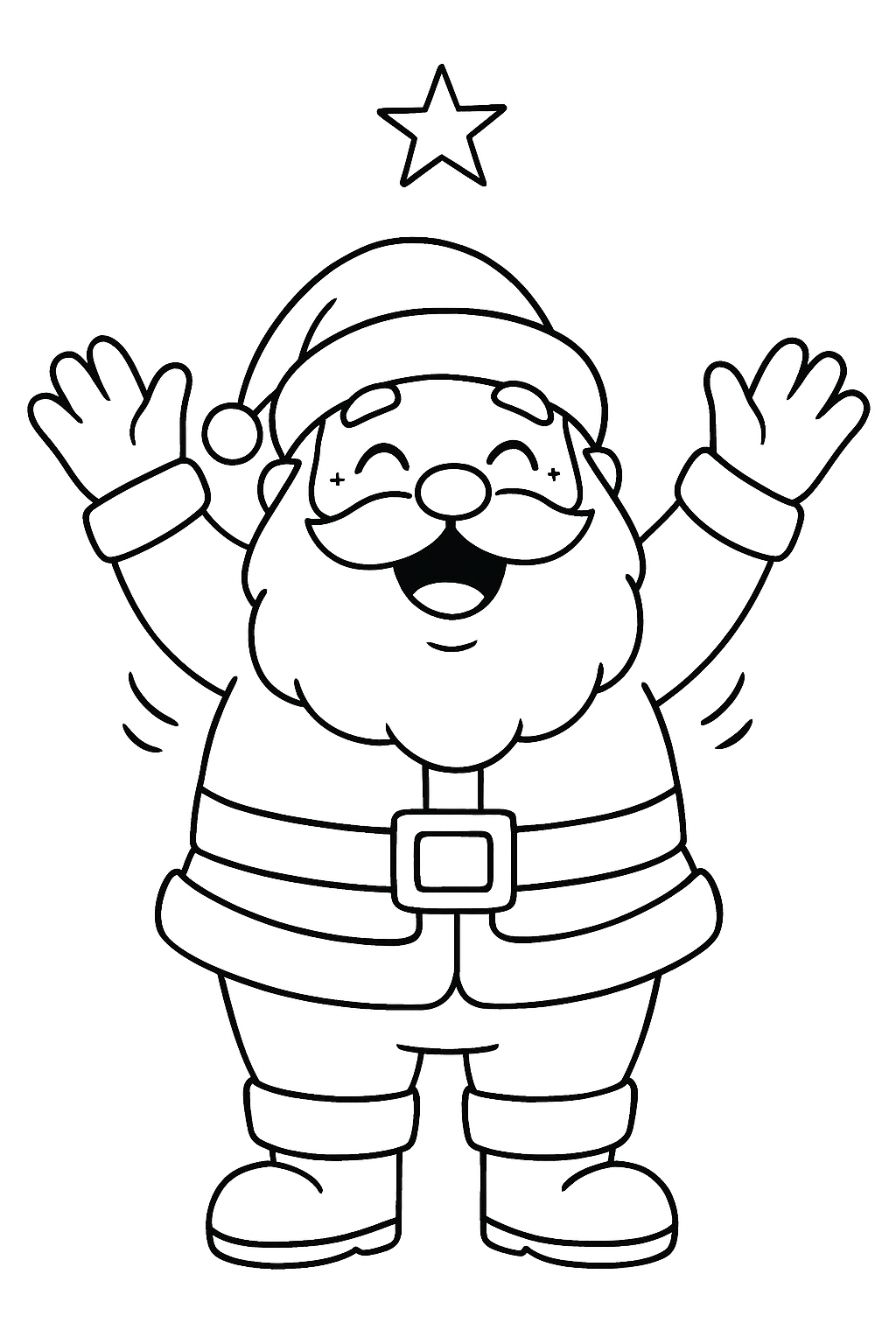 A big, happy Santa waving with both hands, his belly round and shaking with laughter. A single star shines above him.