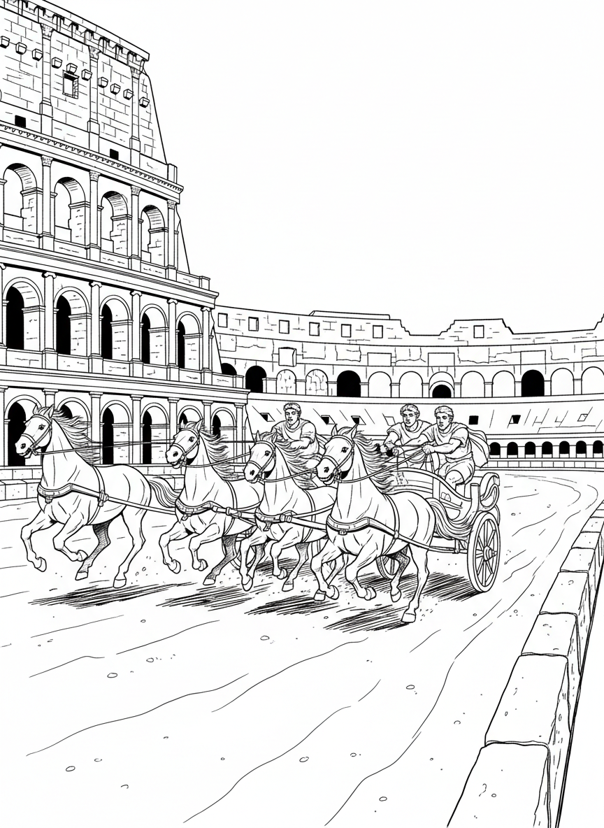 A Roman chariot race scene with two chariots racing around a track in the Colosseum, horses galloping and drivers focused on the finish line.