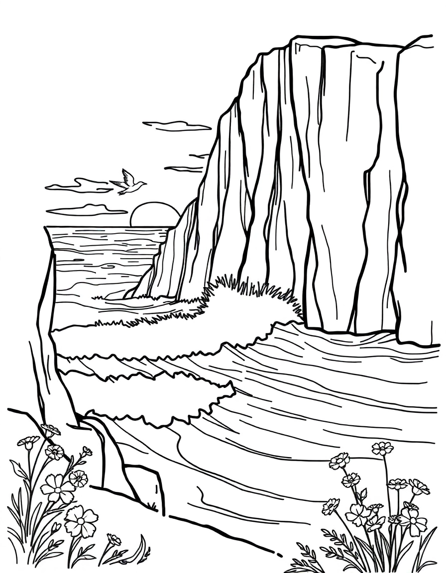 Sunset Cliffs Waves Waves crash against tall sandstone cliffs as the sun sets over the ocean. Birds glide in the breeze and wildflowers grow along the edge.