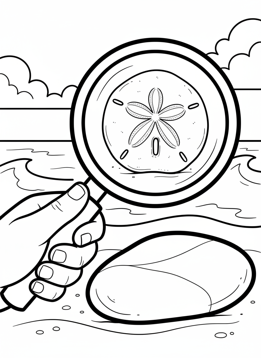A handheld magnifying glass with a comfortable grip, shown examining a sand dollar on a smooth beach stone.