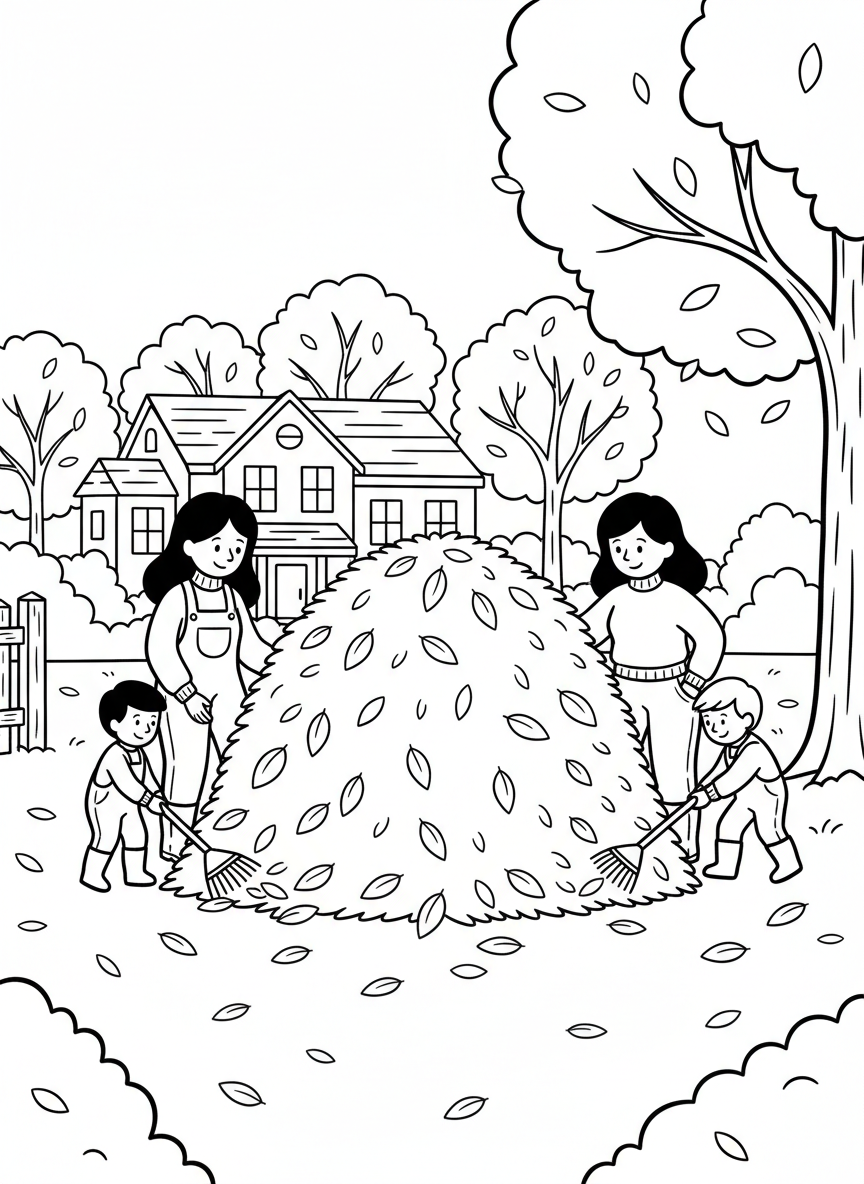 Parents and children raking autumn leaves into a big pile in the yard, with trees and a house in the background.