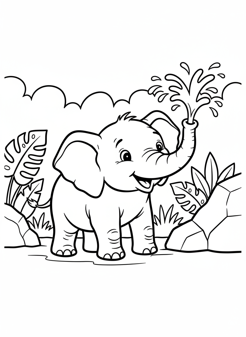A baby elephant spraying water from its trunk playfully, simple water droplets, joyful expression with clean outlines for easy coloring
