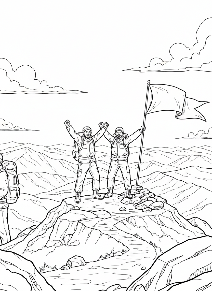 Two explorers reaching the summit of a hill, arms raised in celebration, with a panoramic view and flag planted nearby.