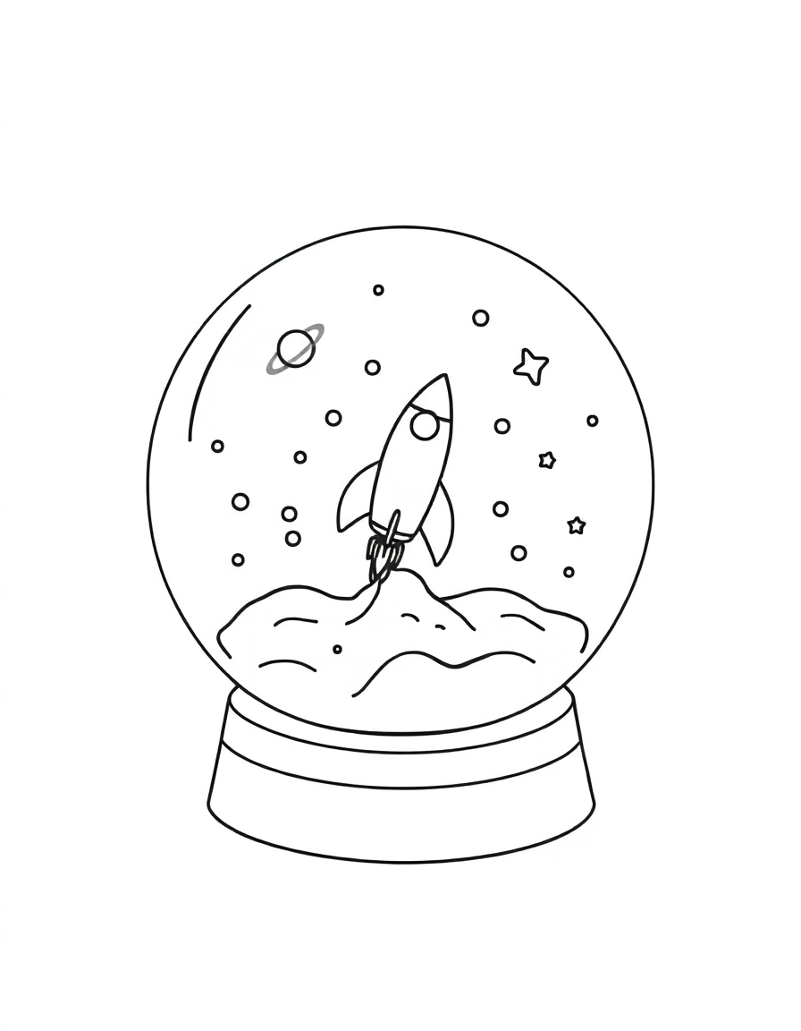 snow globe: Space Globe: A whimsical twist—a snow globe containing a tiny planet and a rocket ship instead of snow, with "star dust" swirling.