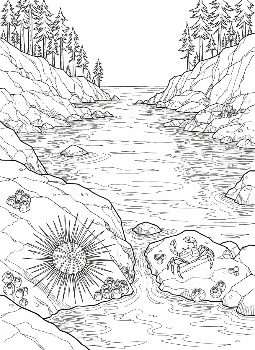 A tide pool scene showing multiple creatures: a sea urchin, small crab, and barnacles attached to rocks, wide view with water line visible.
