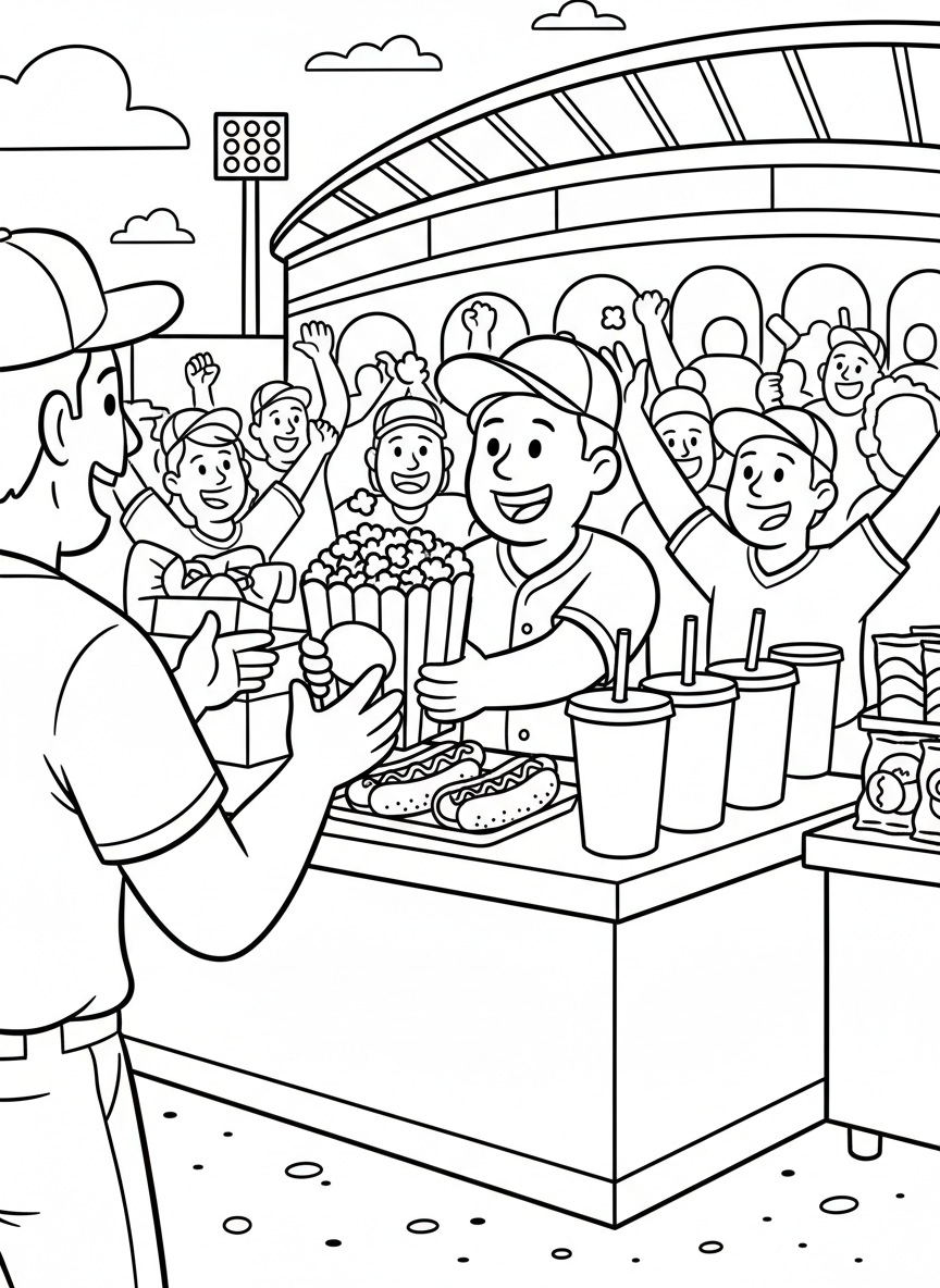 A concession stand at the stadium with popcorn, hot dogs, and drinks, vendor smiling and serving excited fans on opening day.
