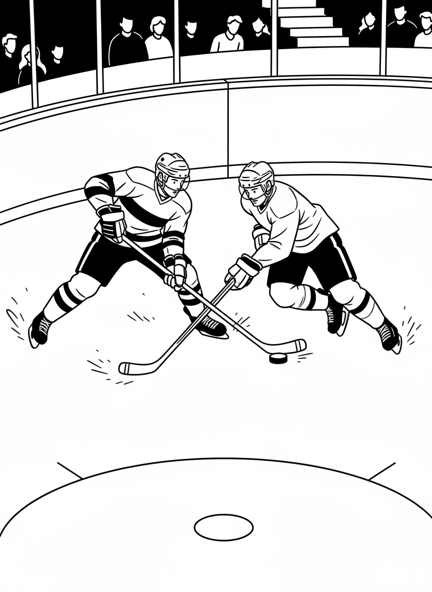 Two hockey players racing side-by-side toward the puck during an exciting face-off at center ice, with arena boards visible around them.
