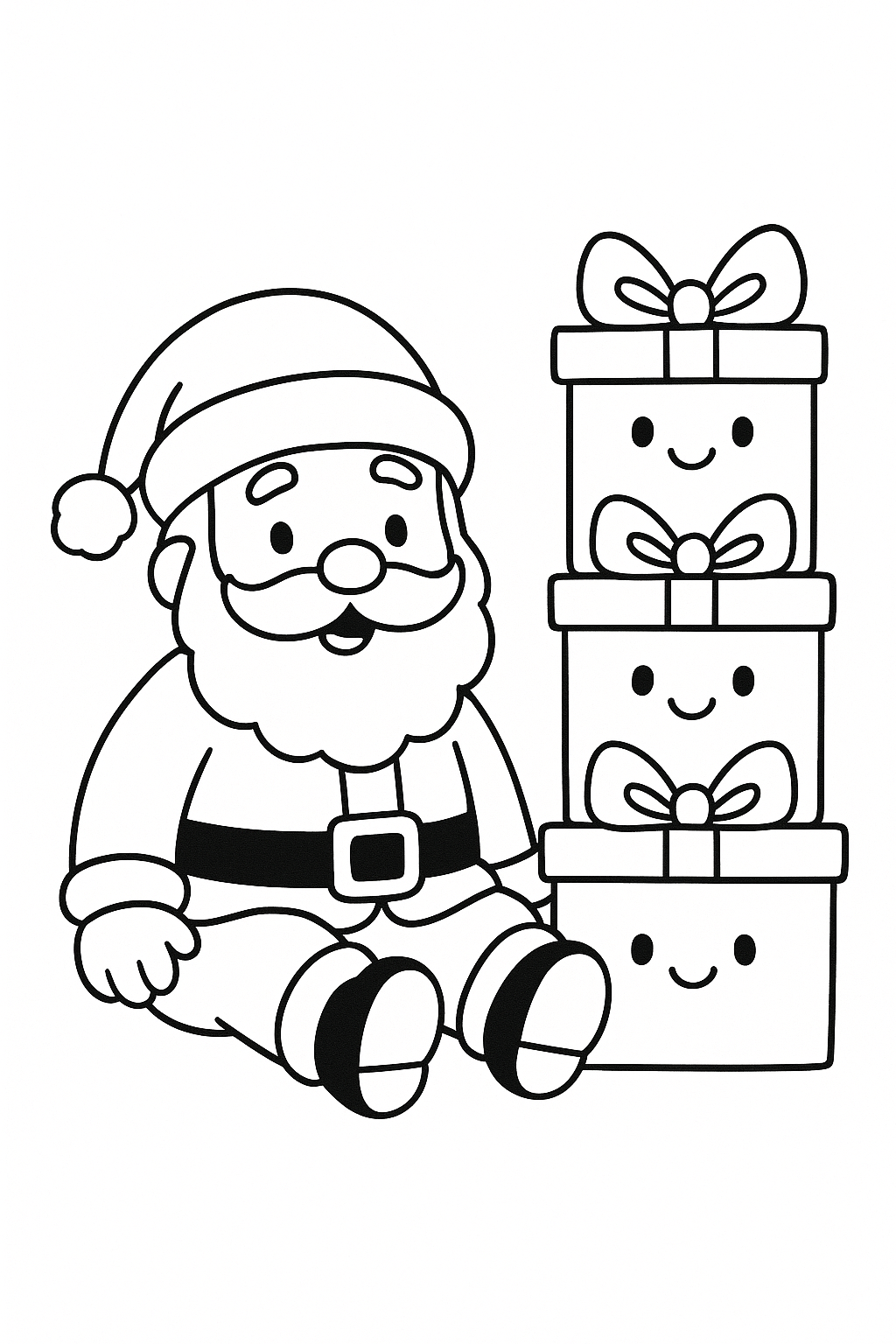 Santa sitting next to three wrapped presents stacked higher than his hat. Each gift has a bow and a happy face.