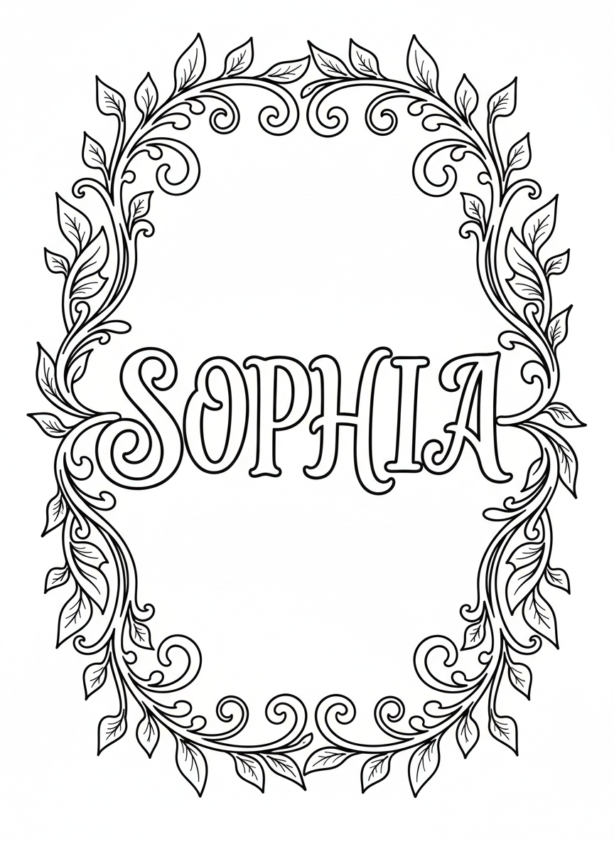 The name SOPHIA written in fancy cursive script surrounded by a decorative border of vines and leaves, line art for coloring