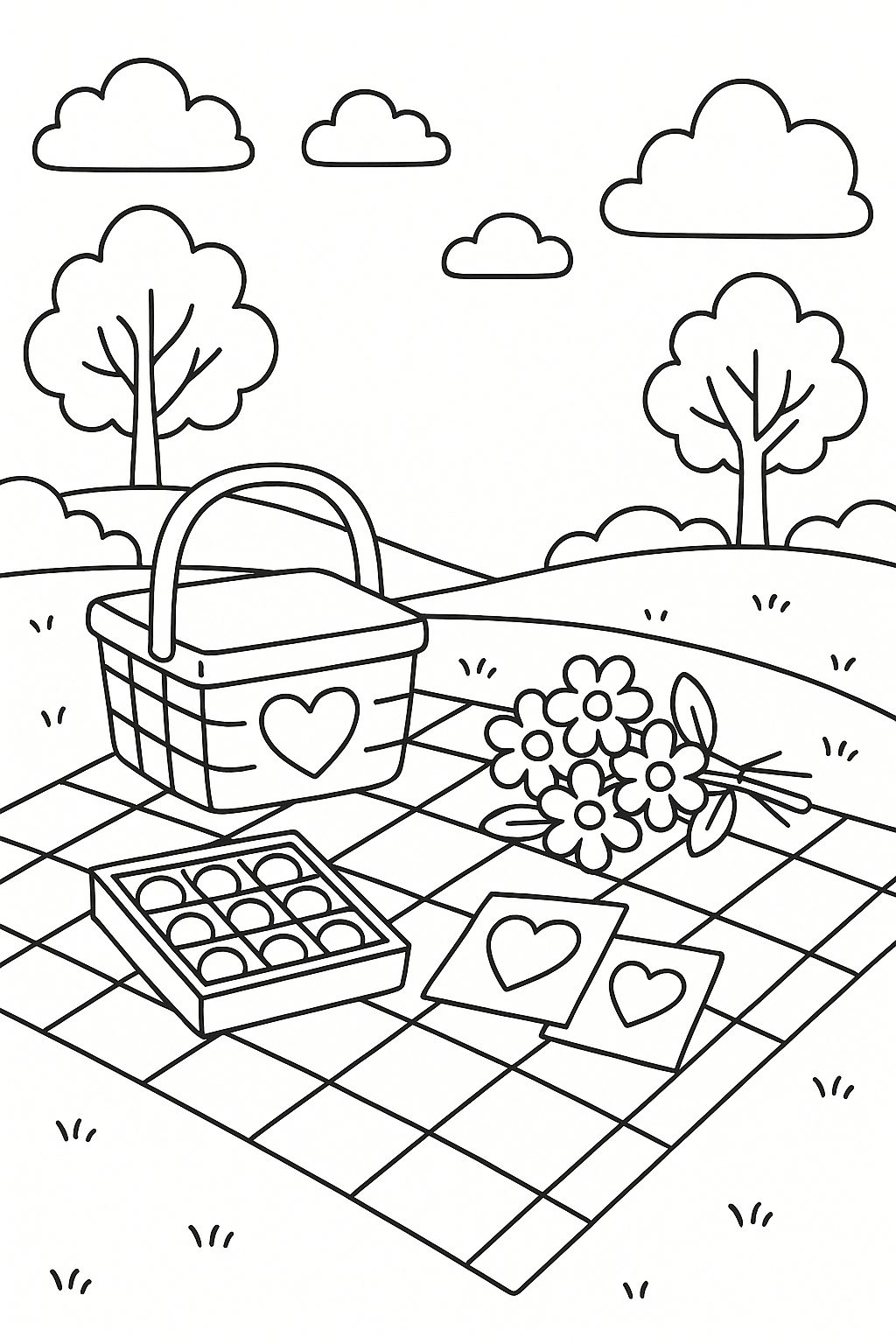 A Valentine’s Day picnic scene with a blanket, heart-decorated basket, flowers, chocolates, and cards laid out in a park, peaceful and romantic outdoor setting