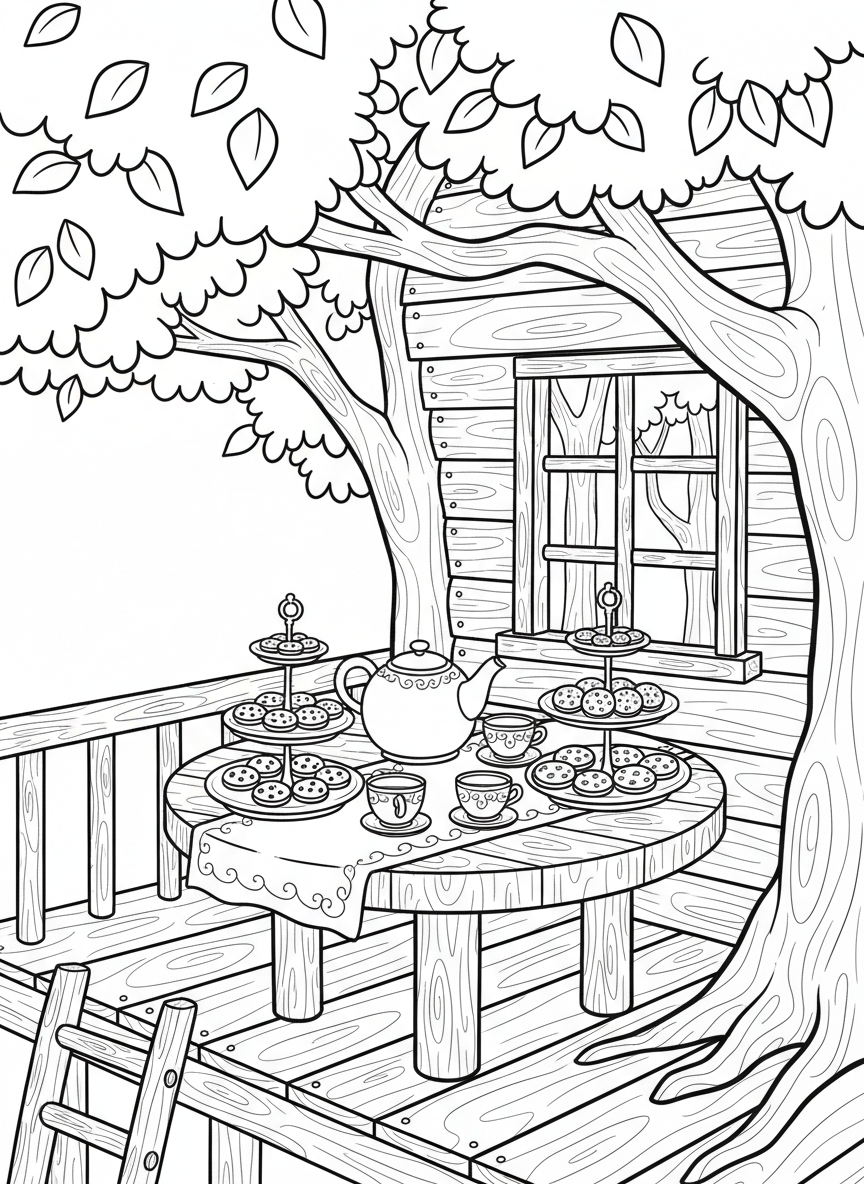 A treehouse kitchen tea party setup with a small table, teapot, cups, and cookies on tiered serving plates.