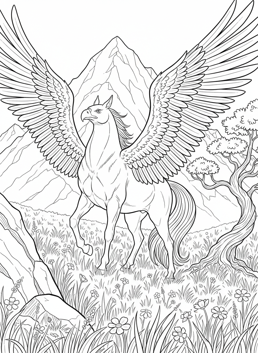 A hippogriff standing in a meadow with mountains in the background, showing its eagle head and horse body clearly.