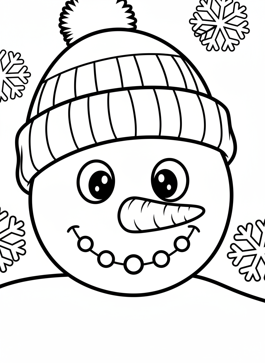 A close-up of a snowman's smiling face with coal eyes, a carrot nose, and a big button smile, wearing a colorful winter hat.