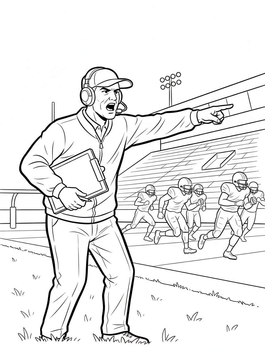 A coach with a clipboard and headset standing on the sideline, pointing and directing players during the game.