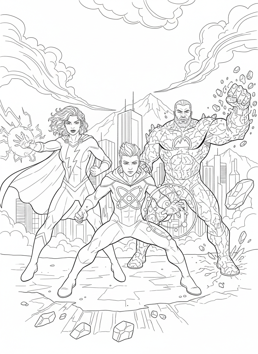 A superhero team of three diverse heroes standing together in action poses, each with different powers indicated by symbols on their costumes