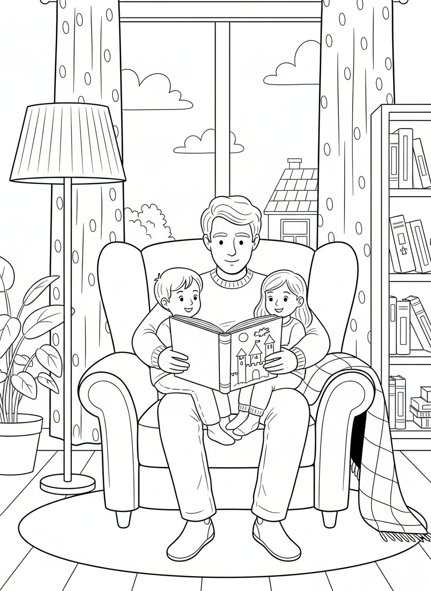 A father reading a storybook to two children sitting on his lap in a cozy armchair with a lamp nearby