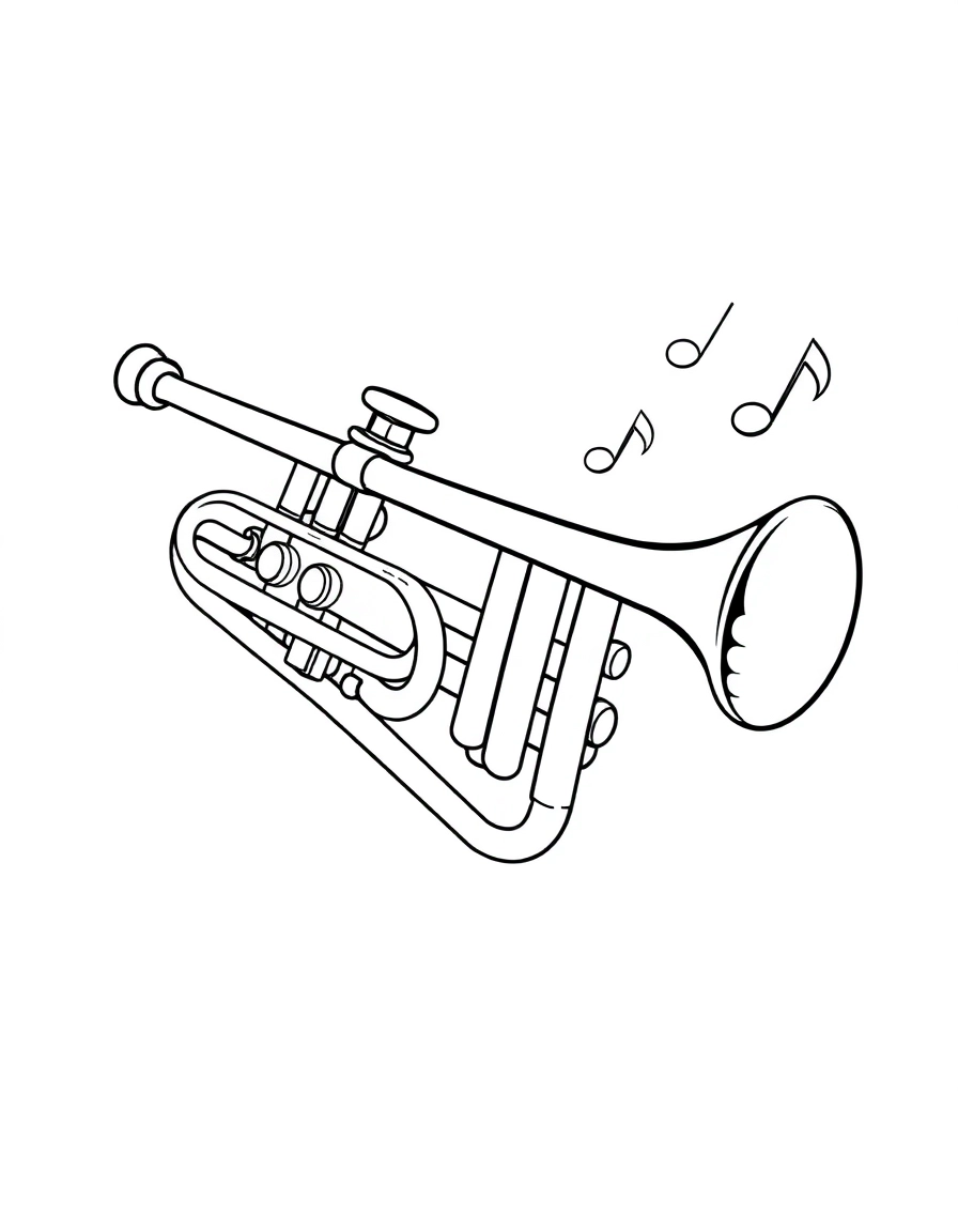 A powerful brass trumpet with three buttons, shown from the side with bold musical notes blasting out from the bell