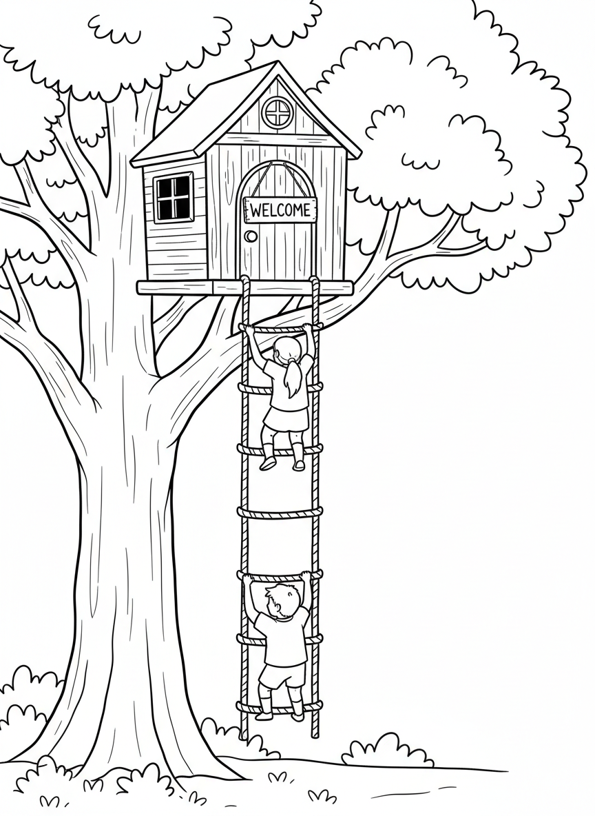 Two children climbing a rope ladder up to a cozy treehouse with a welcome sign hanging on the door.