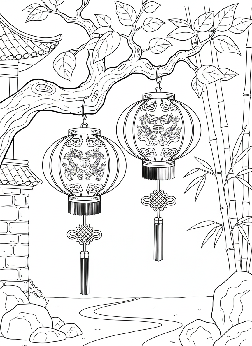 A pair of ornate red lanterns hanging from a tree branch with decorative tassels and Chinese characters, clean outlines