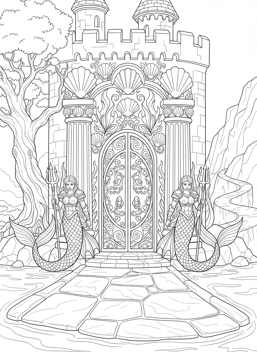 A detailed castle entrance with ornate doors, columns decorated with shells, and two mermaid guards on either side