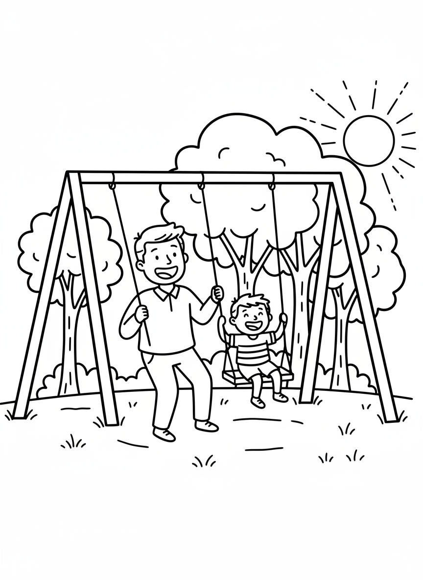 A father pushing a child on a swing set with a big smile, trees and sunshine in the background