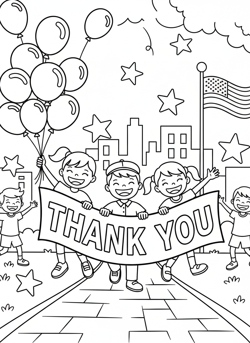 A thank you banner held by smiling children with balloons and stars floating around, celebratory Veterans Day scene