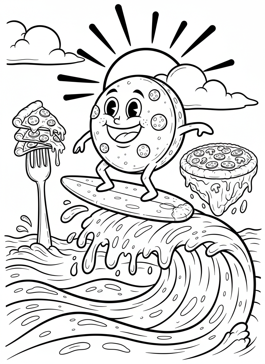 A smiling pepperoni character surfing on a wave of melted cheese, playful and imaginative composition